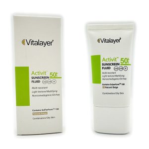 ضد آفتاب فلوئیدی پوست چرب اکتی ویت برند ویتالیر SPF50+ (رنگی نچرال بژ) حجم 50 میل
