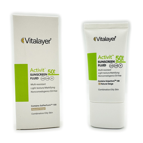 ضد آفتاب فلوئیدی پوست چرب اکتی ویت برند ویتالیر SPF50+ (رنگی نچرال بژ) حجم 50 میل