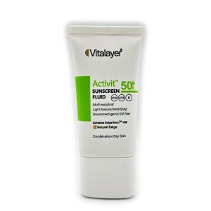 ضد آفتاب فلوئیدی پوست چرب اکتی ویت برند ویتالیر SPF50+ (رنگی نچرال بژ) حجم 50 میل