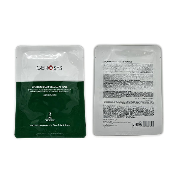 Genosys-soothing-bomb-sea-algae-shit-mask2 شیت ماسک سوتینگ برند ژنوسیس حاوی عصاره جلبک دریایی حجم 25 گرم